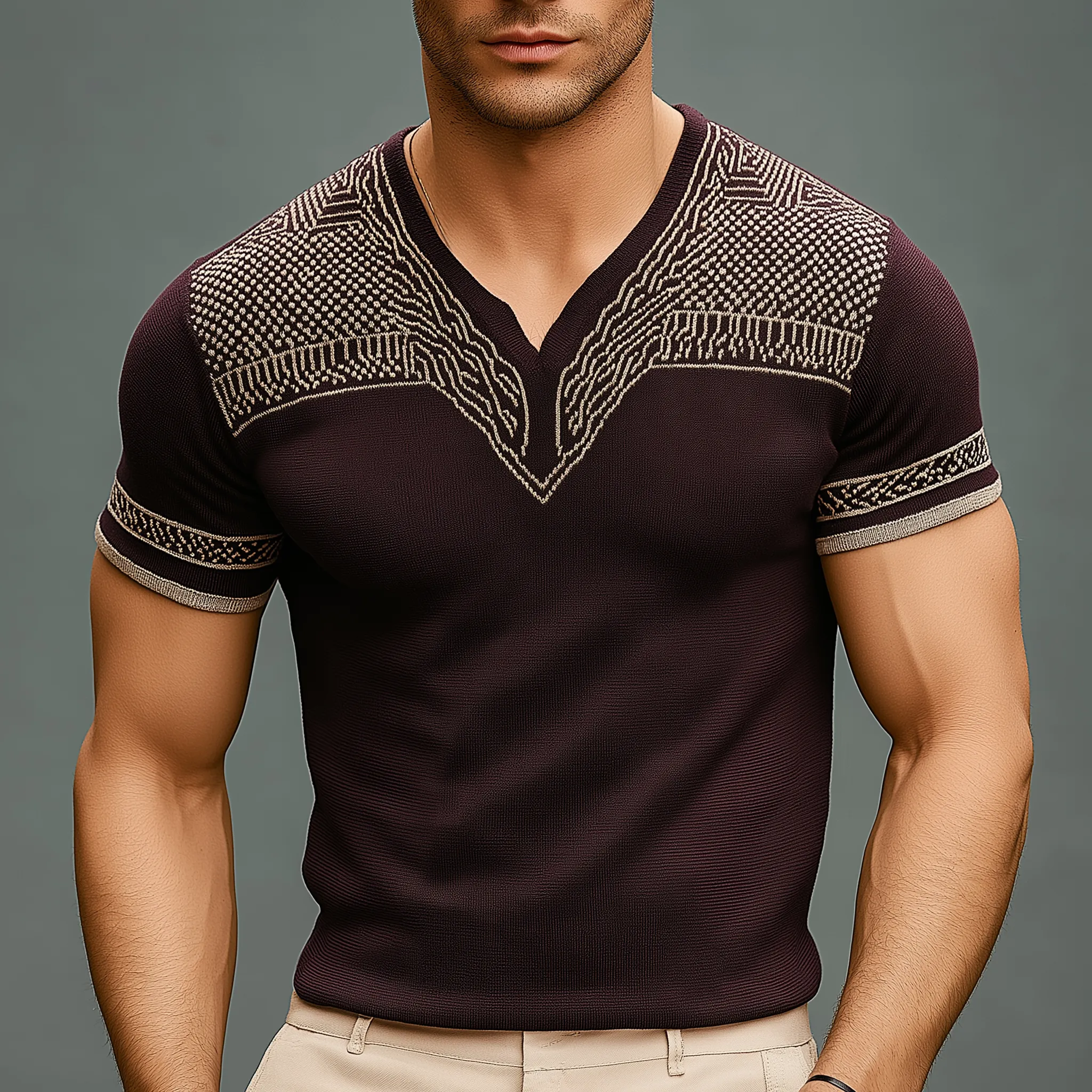 Men's Fashion Knitted Jacquard Short Sleeve T-Shirt MTA2556G0P sold by Manly product image thumbnail 2