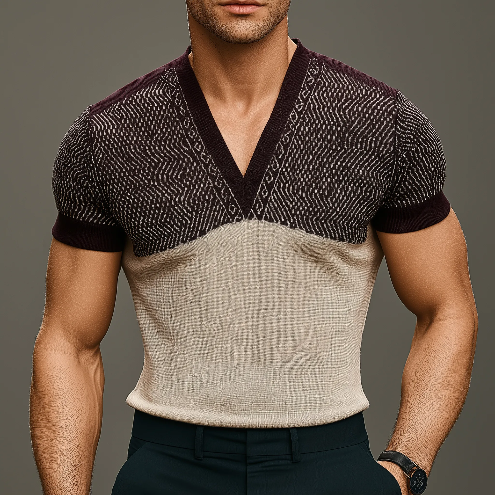Men's Fashion Knitted Jacquard Short Sleeve T-Shirt MTA2551G0P sold by Manly product image thumbnail 2