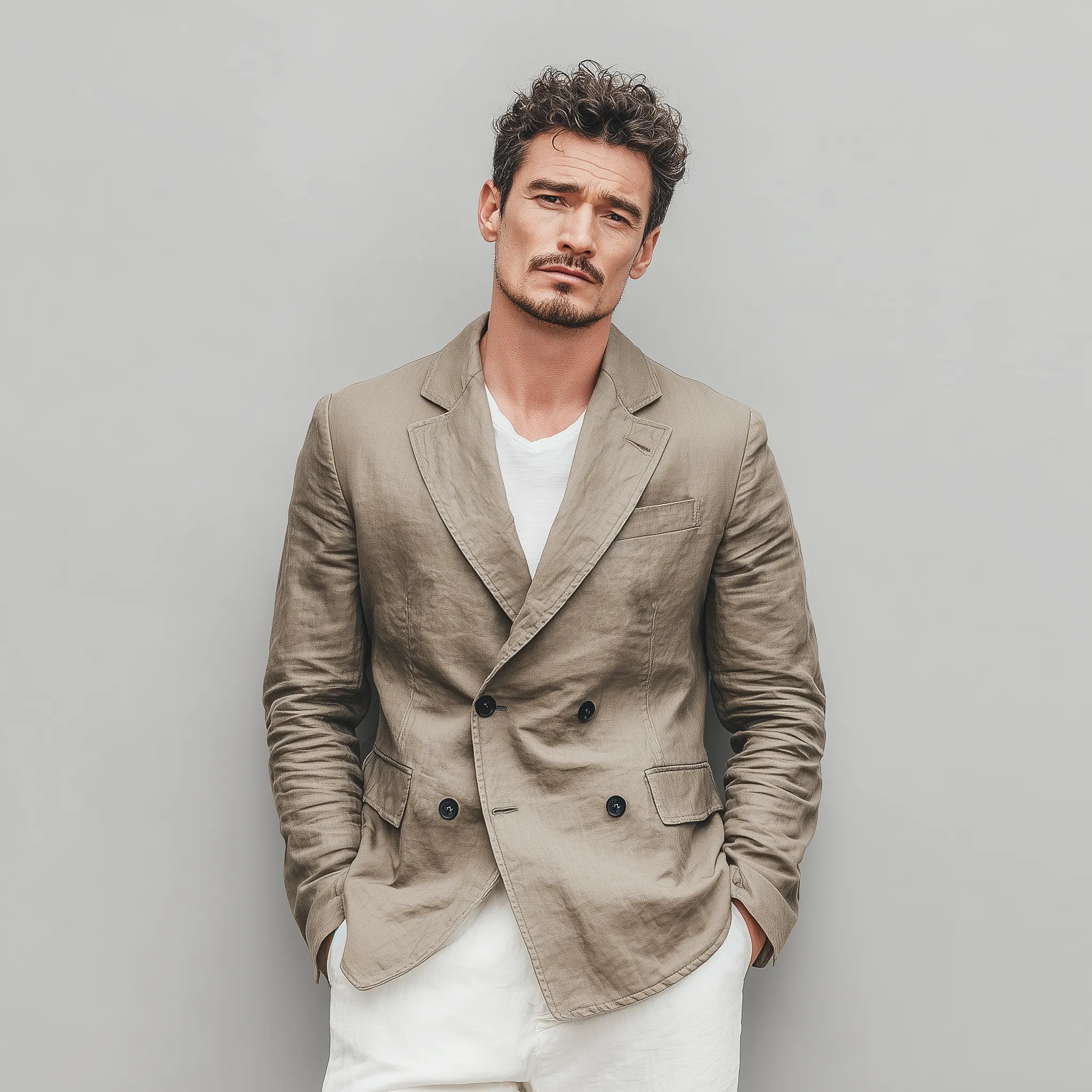 Men's Classic Casual Cotton And Linen Blend Solid Color Double Breasted Blazer MTA2533G2K sold by Manly product image thumbnail 3