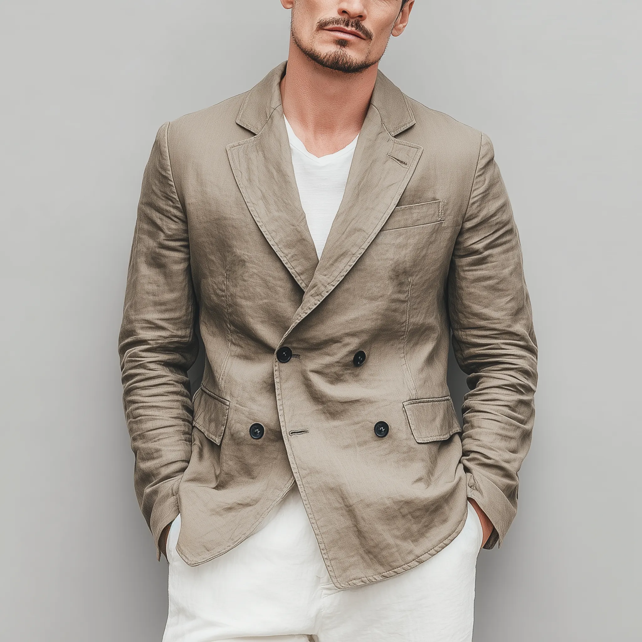 Men's Classic Casual Cotton And Linen Blend Solid Color Double Breasted Blazer MTA2533G2K sold by Manly product image thumbnail 2