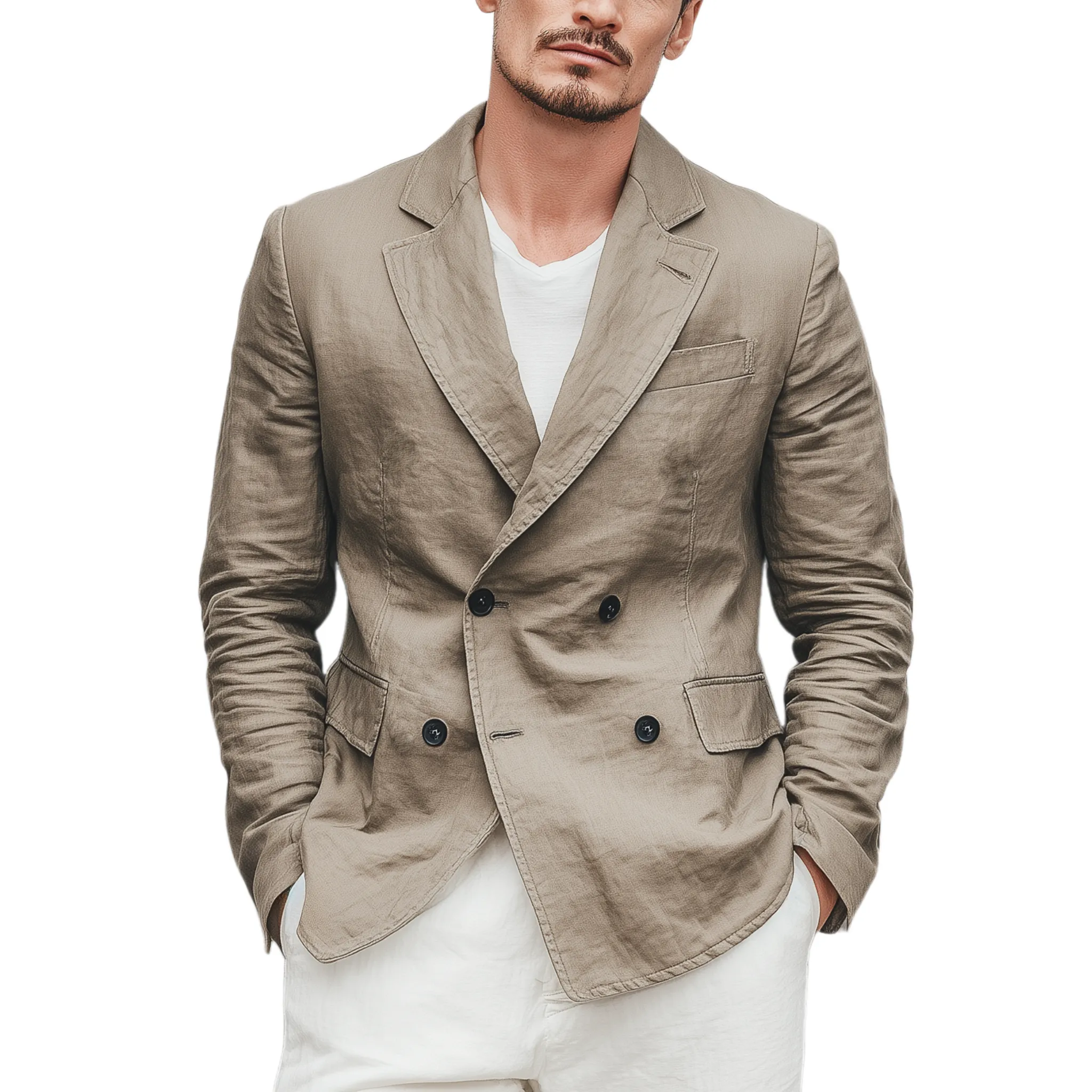 Men's Classic Casual Cotton And Linen Blend Solid Color Double Breasted Blazer MTA2533G2K sold by Manly