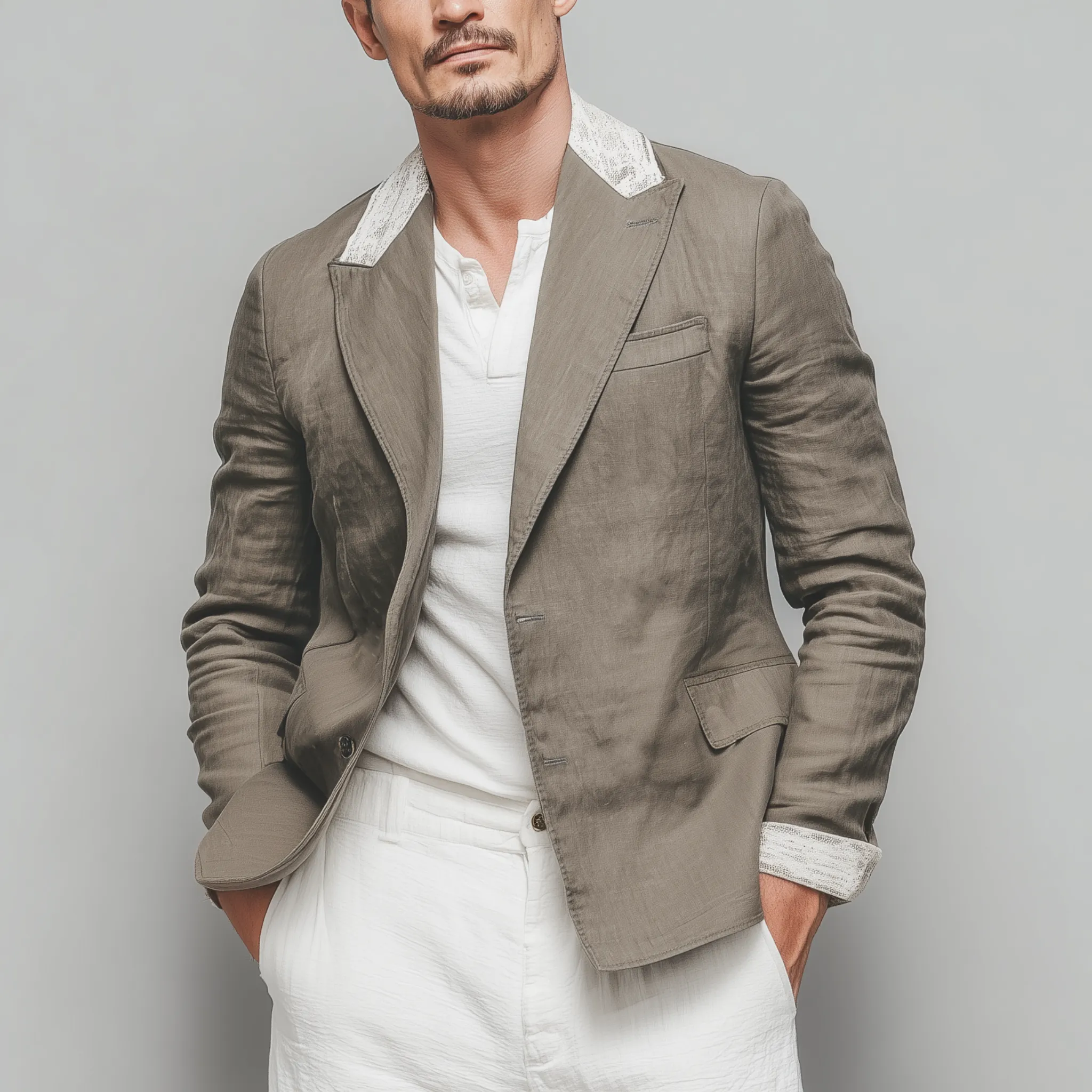 Men's Stylish Casual Cotton And Linen Blend Collar And Cuffs Lace Single-breasted Blazer MTA2546G1K sold by Manly product image thumbnail 2