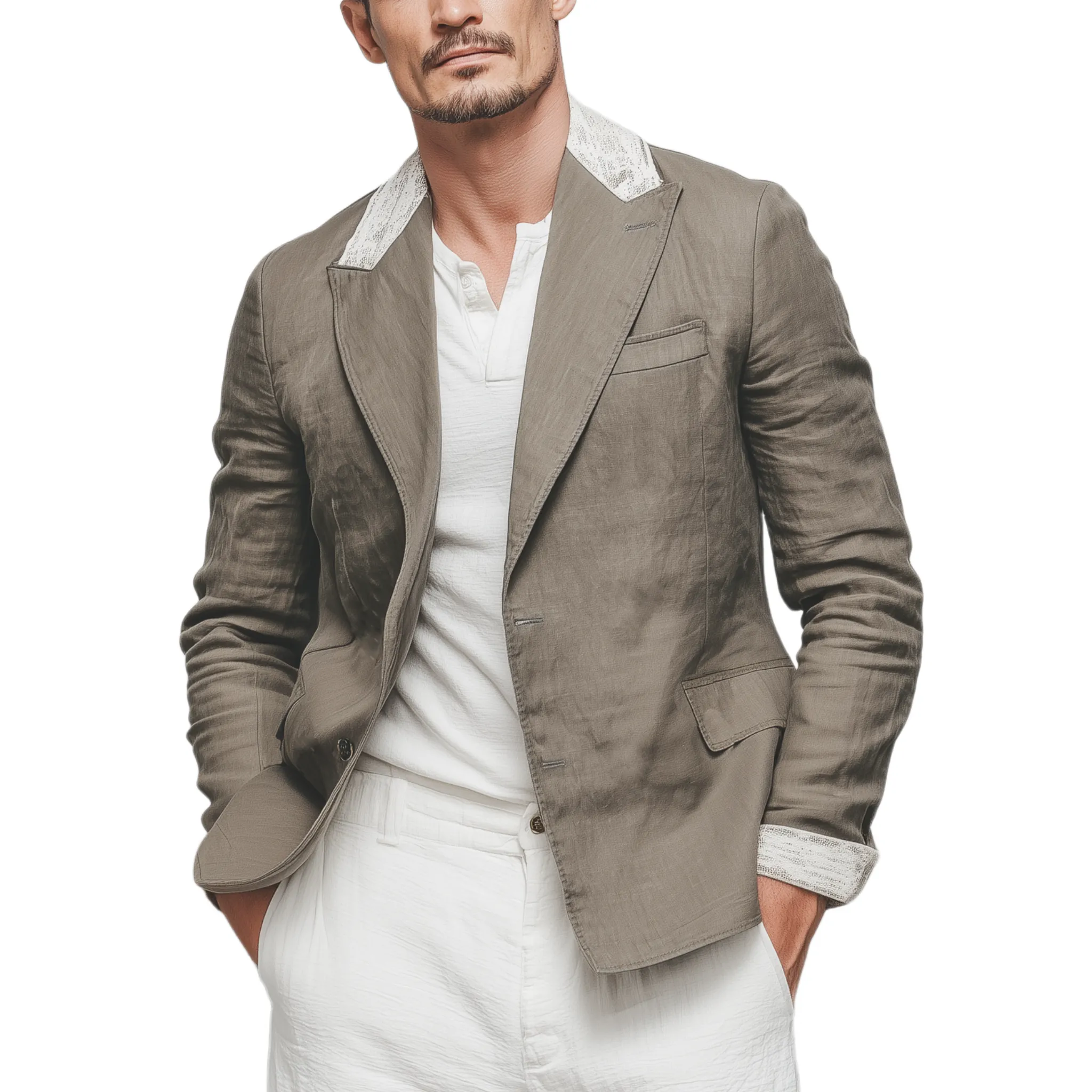 Men's Stylish Casual Cotton And Linen Blend Collar And Cuffs Lace Single-breasted Blazer MTA2546G1K sold by Manly