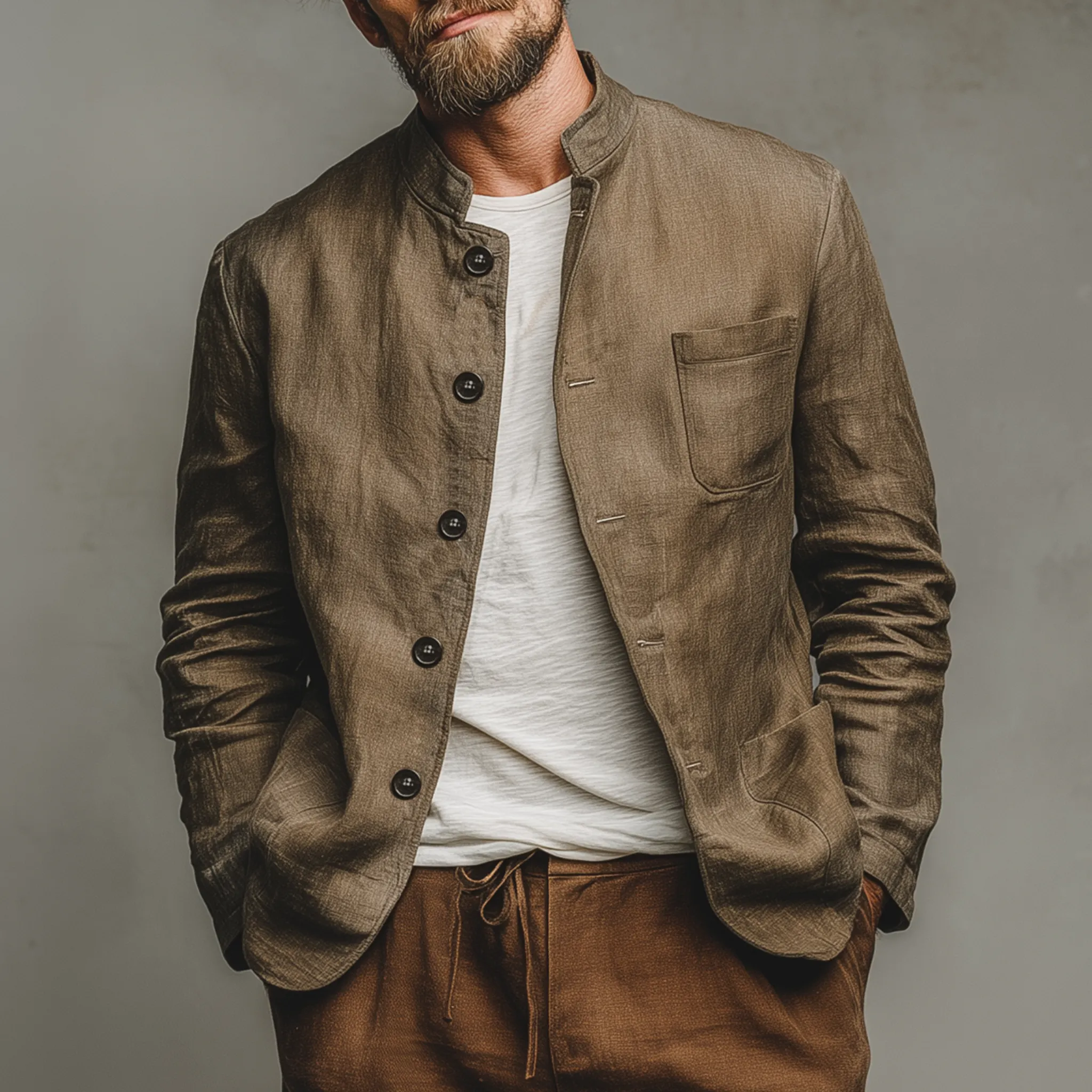 Men's Classic Casual Stand-up Collar Cotton And Linen Multi-pocket Thin Jacket MTA2596G7K sold by Manly product image thumbnail 2