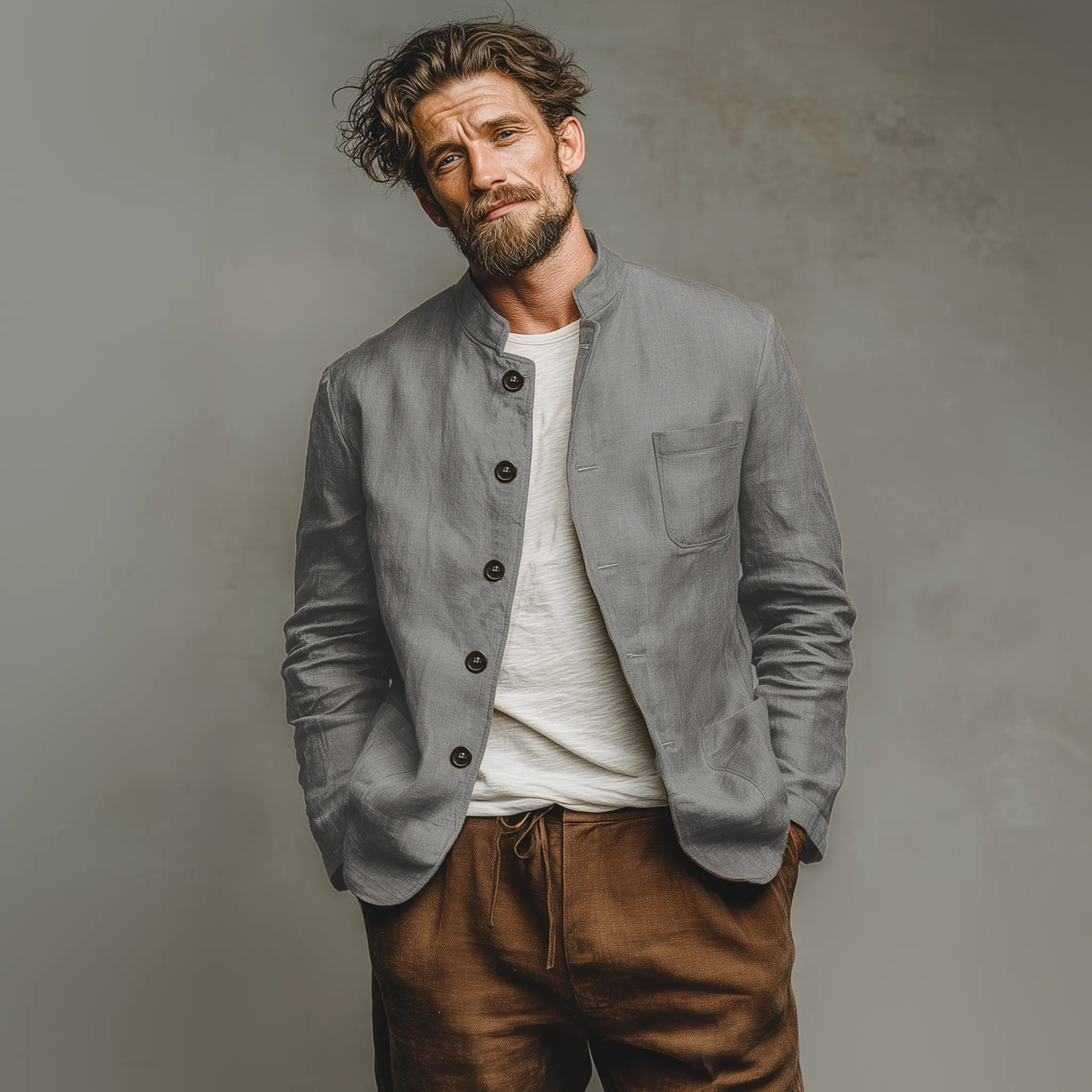 Men's Classic Casual Stand-up Collar Cotton And Linen Multi-pocket Thin Jacket MTA2596G7K sold by Manly product image thumbnail 3