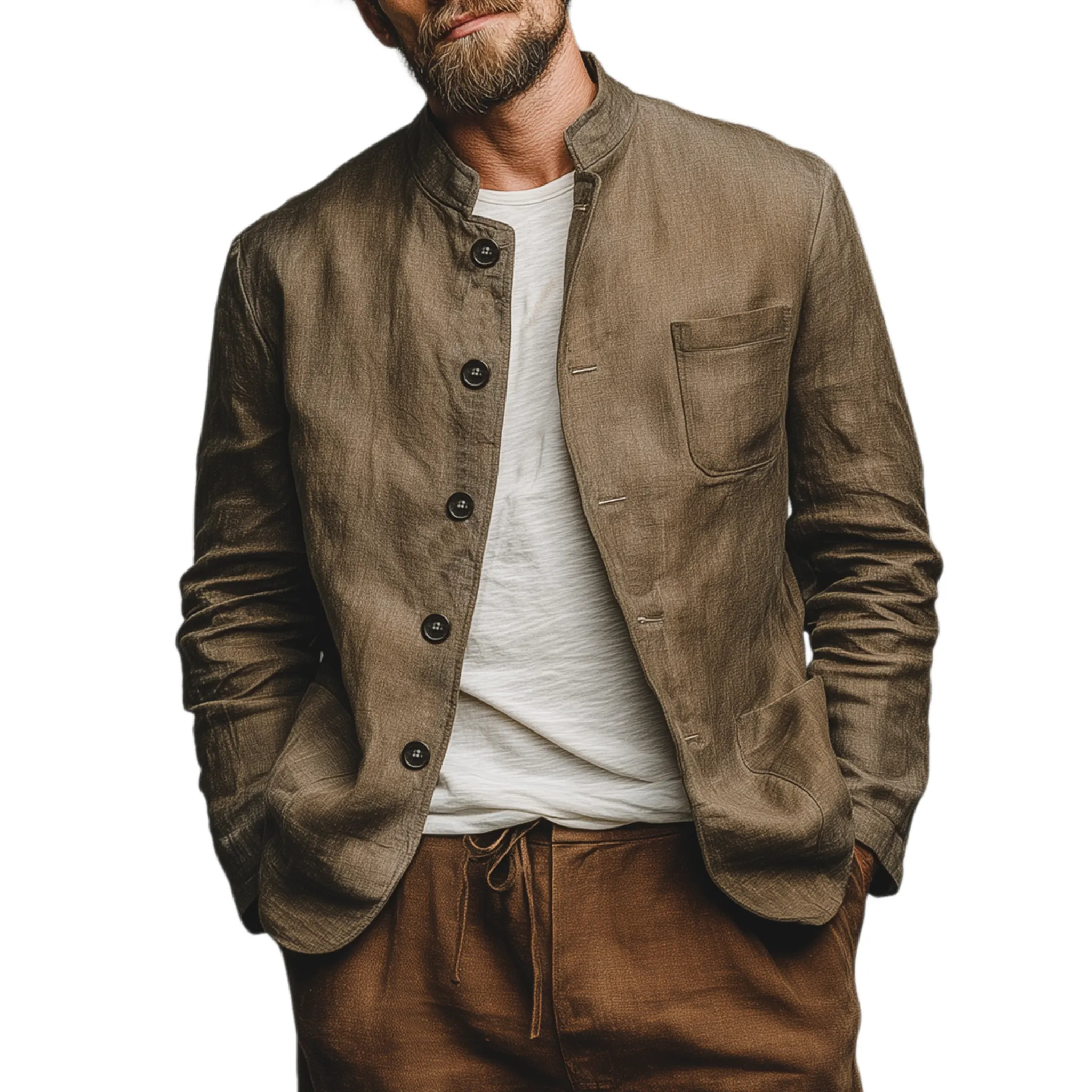 Men's Classic Casual Stand-up Collar Cotton And Linen Multi-pocket Thin Jacket MTA2596G7K sold by Manly