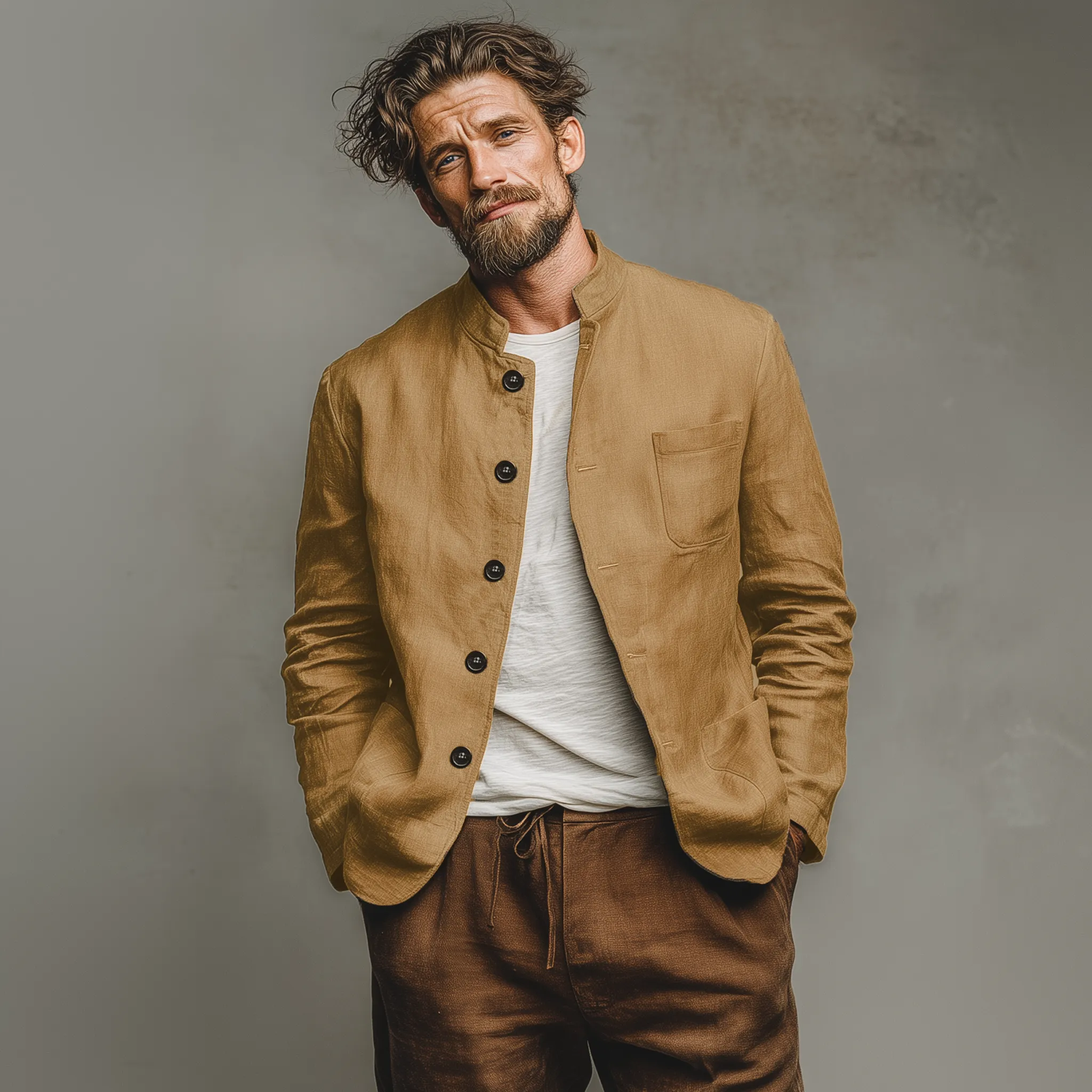 Men's Classic Casual Stand-up Collar Cotton And Linen Multi-pocket Thin Jacket MTA2596G7K sold by Manly product image thumbnail 4