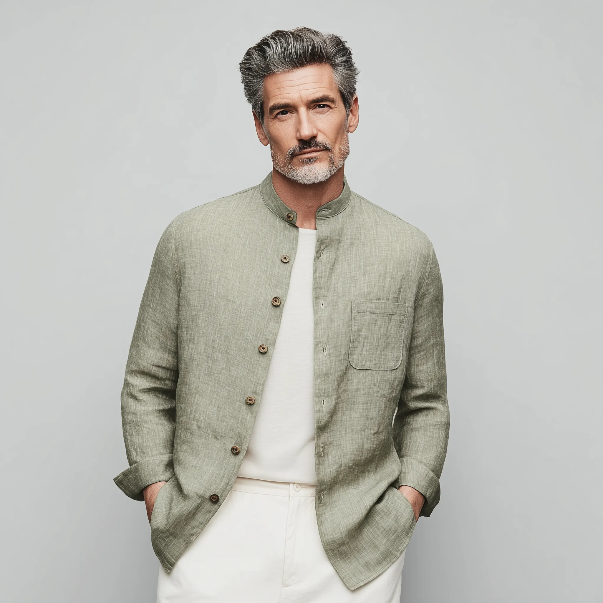 Men's Classic Casual Stand-up Collar Cotton And Linen Wooden Button Long-sleeved Shirt MTA2536G6K sold by Manly product image thumbnail 3