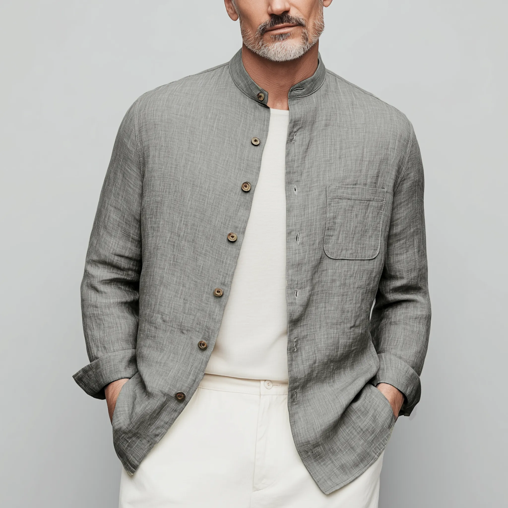 Men's Classic Casual Stand-up Collar Cotton And Linen Wooden Button Long-sleeved Shirt MTA2536G6K sold by Manly product image thumbnail 2