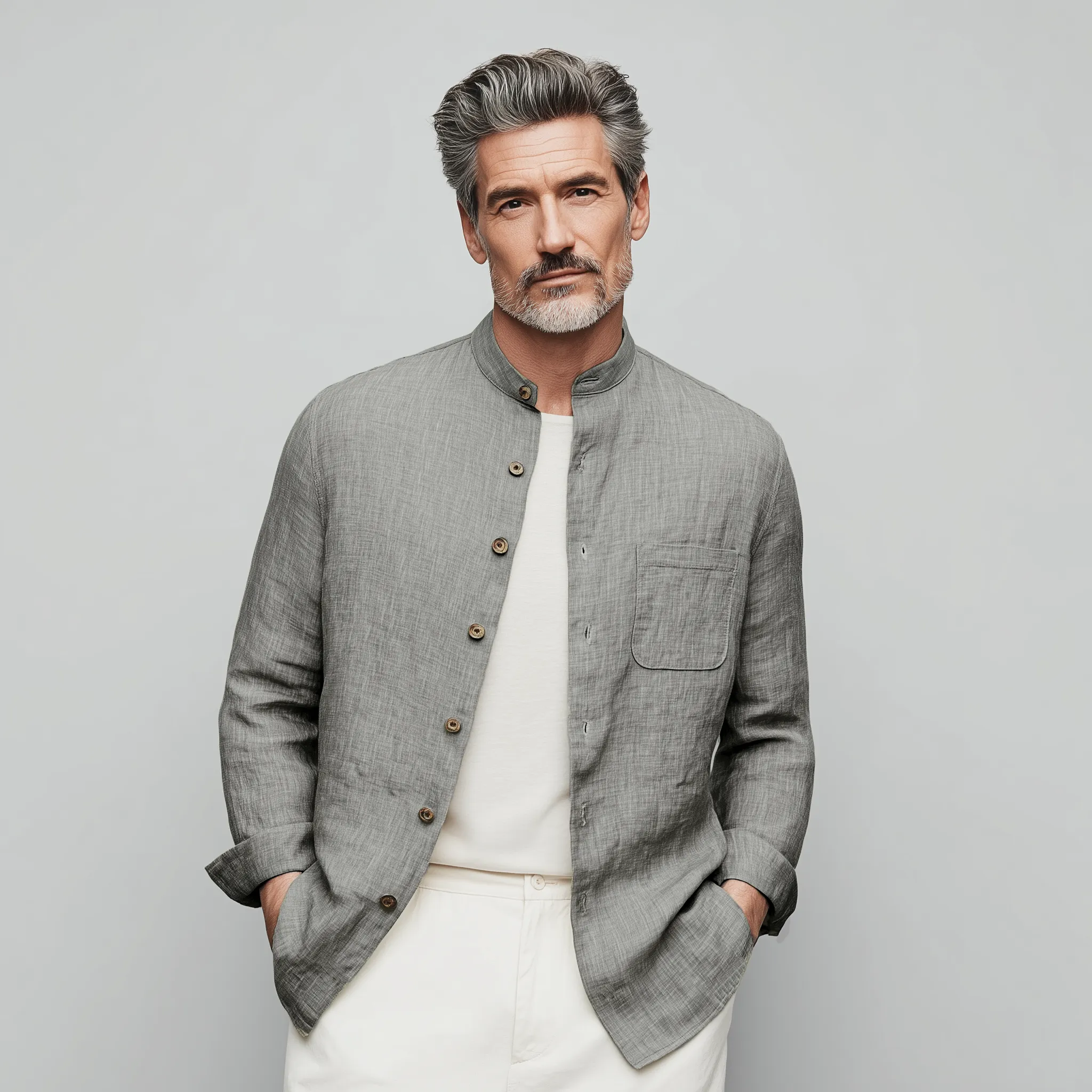 Men's Classic Casual Stand-up Collar Cotton And Linen Wooden Button Long-sleeved Shirt MTA2536G6K sold by Manly product image thumbnail 4