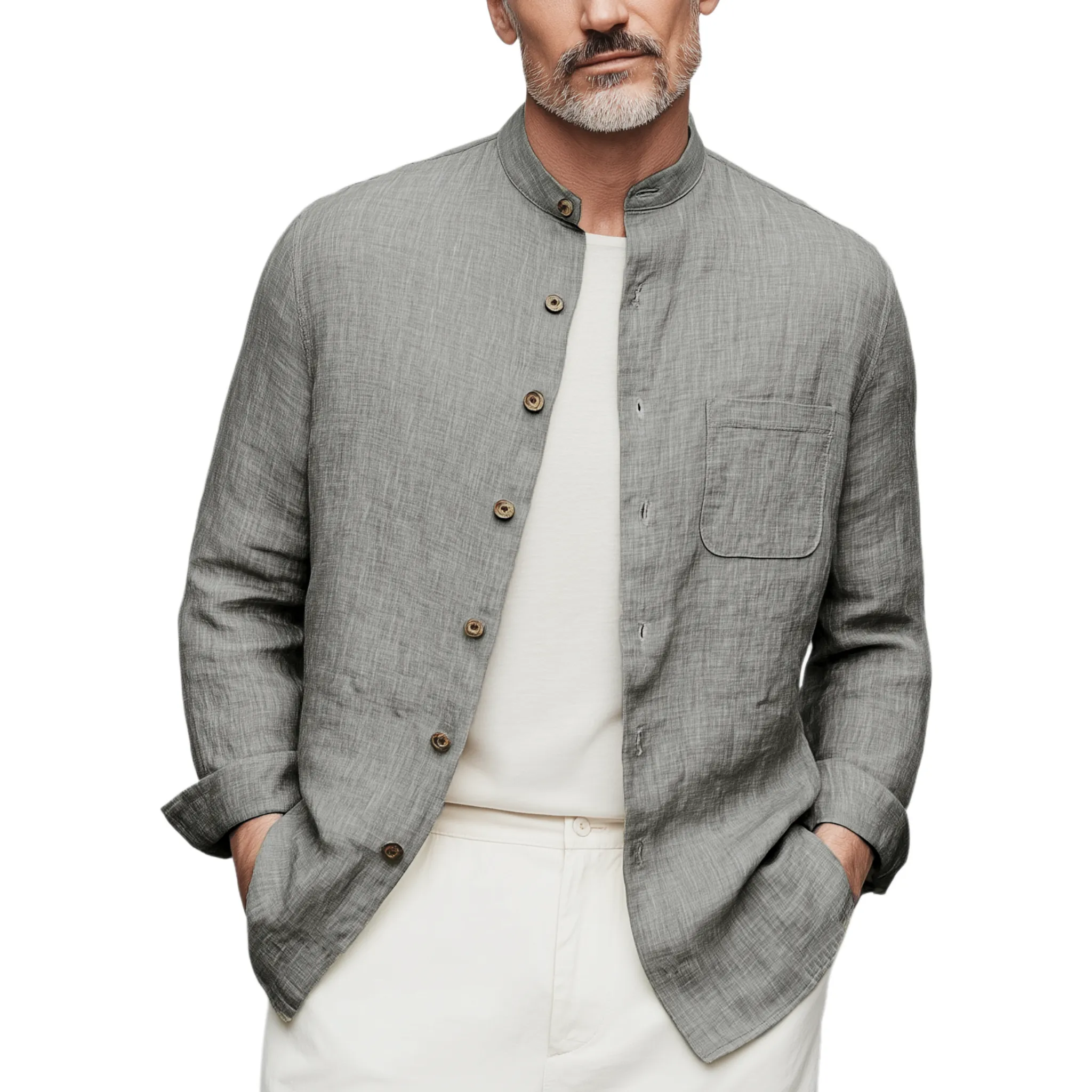 Men's Classic Casual Stand-up Collar Cotton And Linen Wooden Button Long-sleeved Shirt MTA2536G6K sold by Manly
