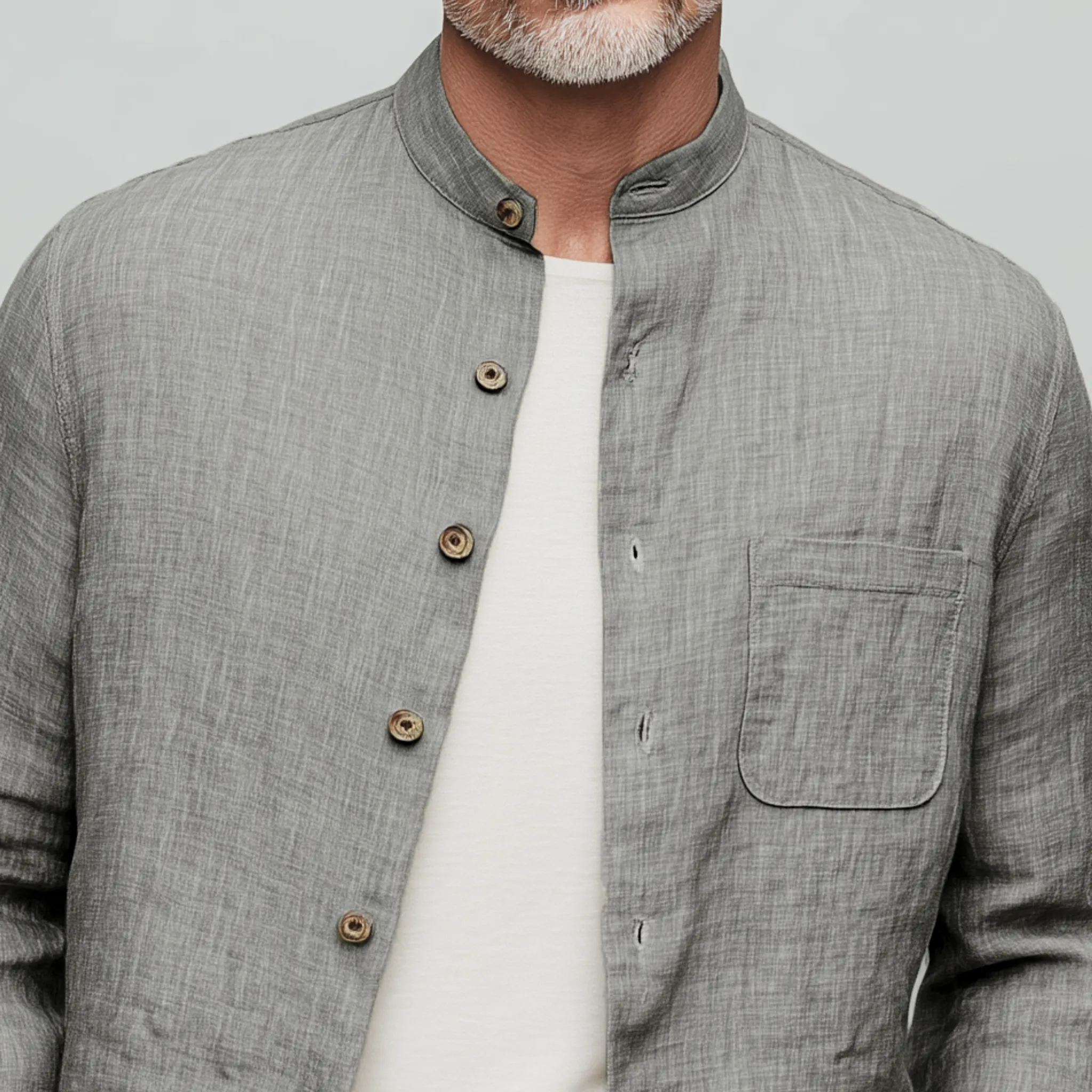 Men's Classic Casual Stand-up Collar Cotton And Linen Wooden Button Long-sleeved Shirt MTA2536G6K sold by Manly product image thumbnail 5