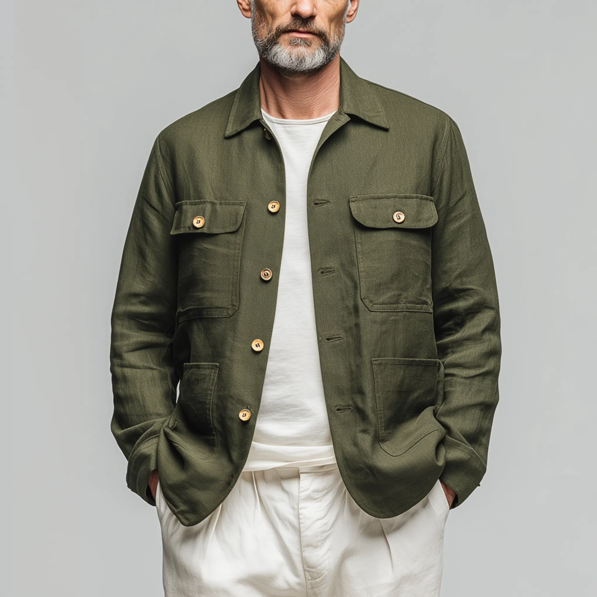 Men's Classic Casual Lapel Collar Cotton And Linen Blend Multi-pocket Long-sleeved Shirt MTA2501G9K sold by Manly product image thumbnail 2