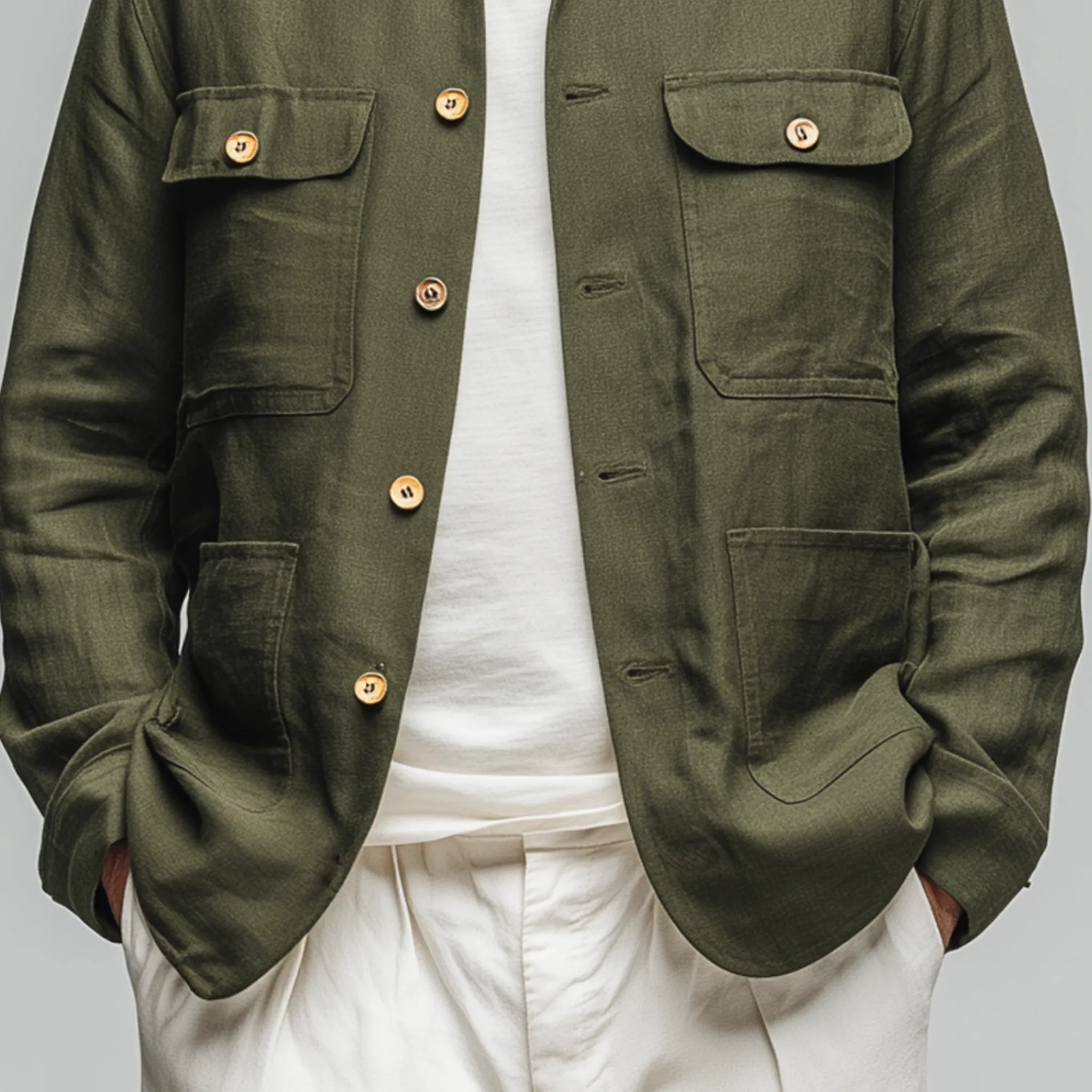 Men's Classic Casual Lapel Collar Cotton And Linen Blend Multi-pocket Long-sleeved Shirt MTA2501G9K sold by Manly product image thumbnail 5