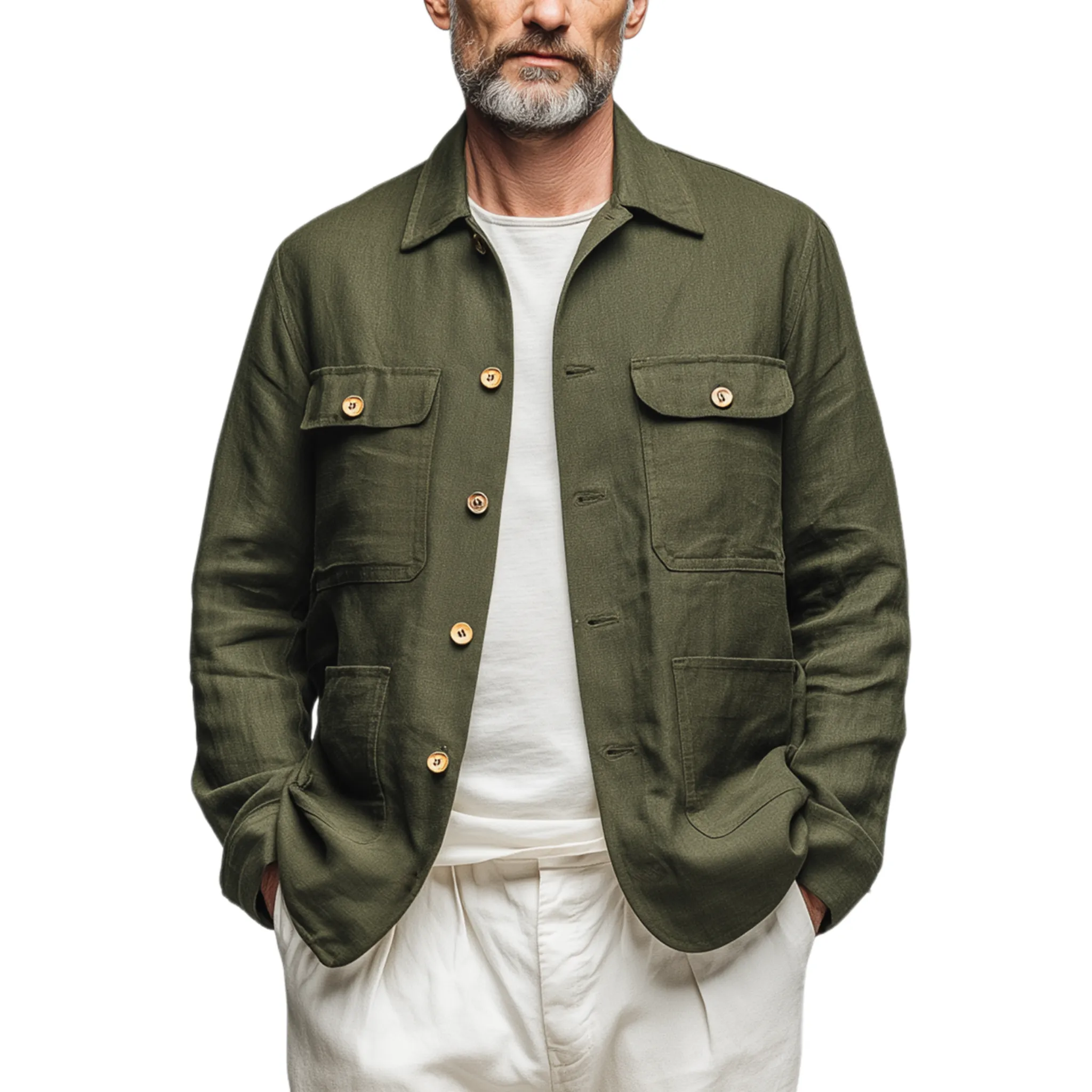 Men's Classic Casual Lapel Collar Cotton And Linen Blend Multi-pocket Long-sleeved Shirt MTA2501G9K sold by Manly