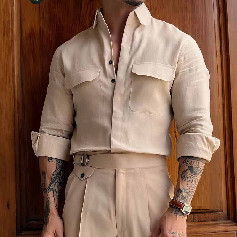 Men's Retro Casual Linen Solid Color Lapel Long Sleeve Shirt MTA2413G8TO sold by Manly product image thumbnail 2