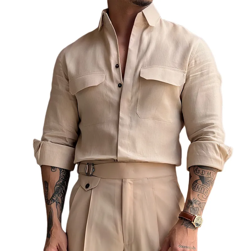 Men's Retro Casual Linen Solid Color Lapel Long Sleeve Shirt MTA2413G8TO sold by Manly