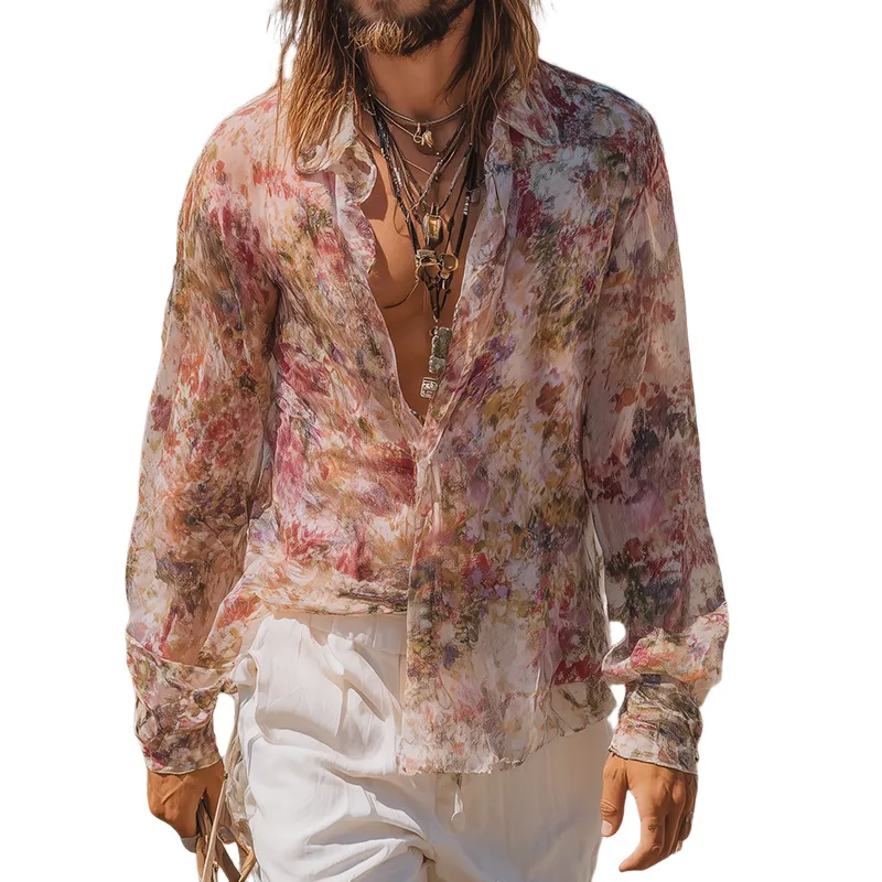 Men's Vintage Casual Floral Print Lapel Long Sleeve Shirt MTA2533G5TO sold by Manly