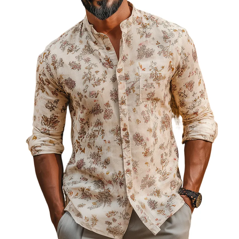 Men's Retro Casual Floral Print Linen Stand Collar Long Sleeve Shirt MTA2506G0TO sold by Manly
