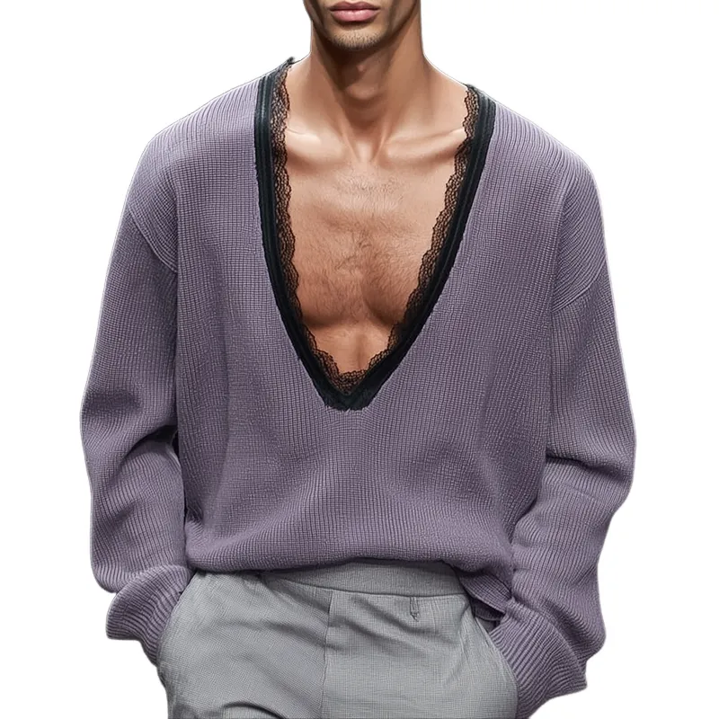 Men's Solid Loose Lace V Neck Long Sleeve Knit Sweater MTA2523G1Z sold by Manly