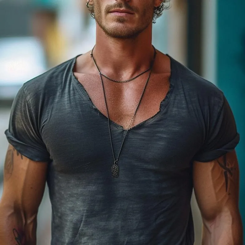 Men's Fashion Distressed V Neck Short Sleeve T-shirt 04227612Z sold by Manly product image thumbnail 3