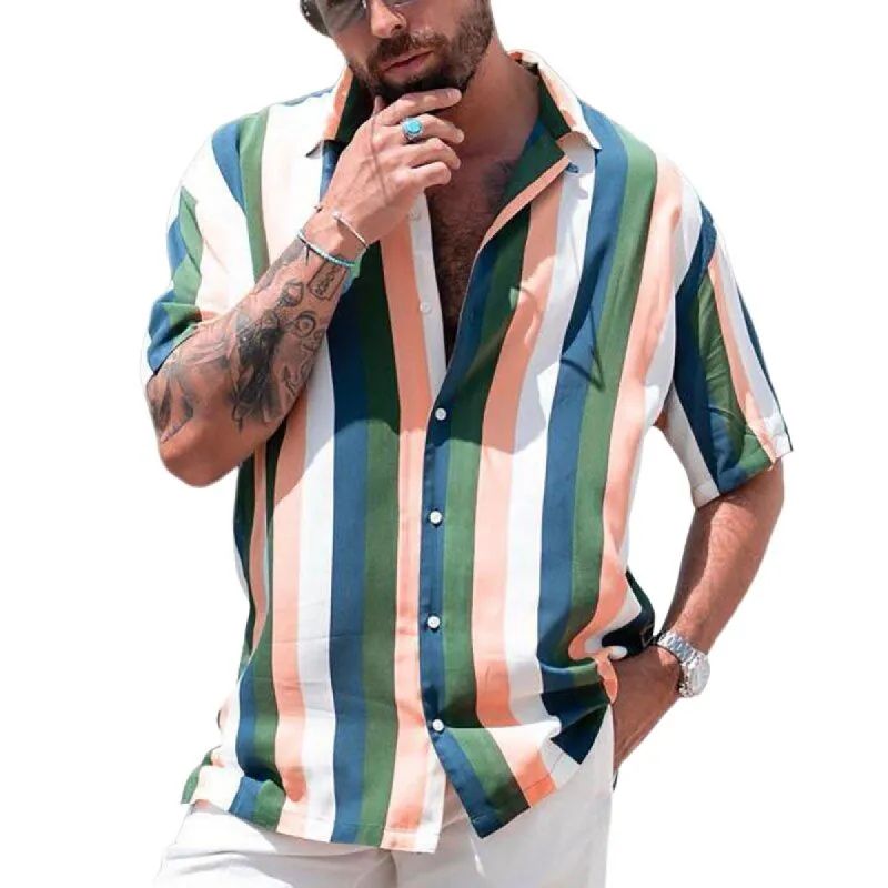 Men's Striped Print Short Sleeve Shirt 73290097Y sold by Manly