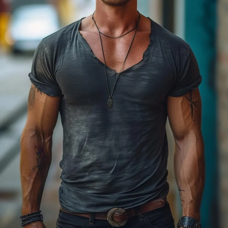 Men's Fashion Distressed V Neck Short Sleeve T-shirt 04227612Z sold by Manly product image thumbnail 2