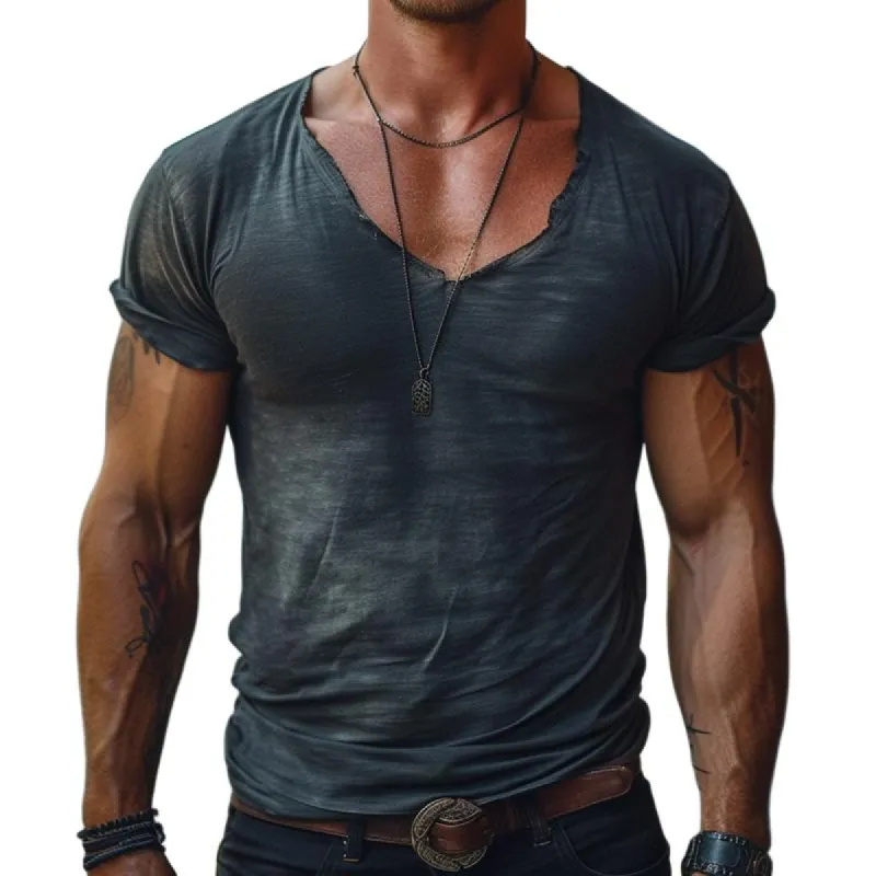 Men's Fashion Distressed V Neck Short Sleeve T-shirt 04227612Z sold by Manly