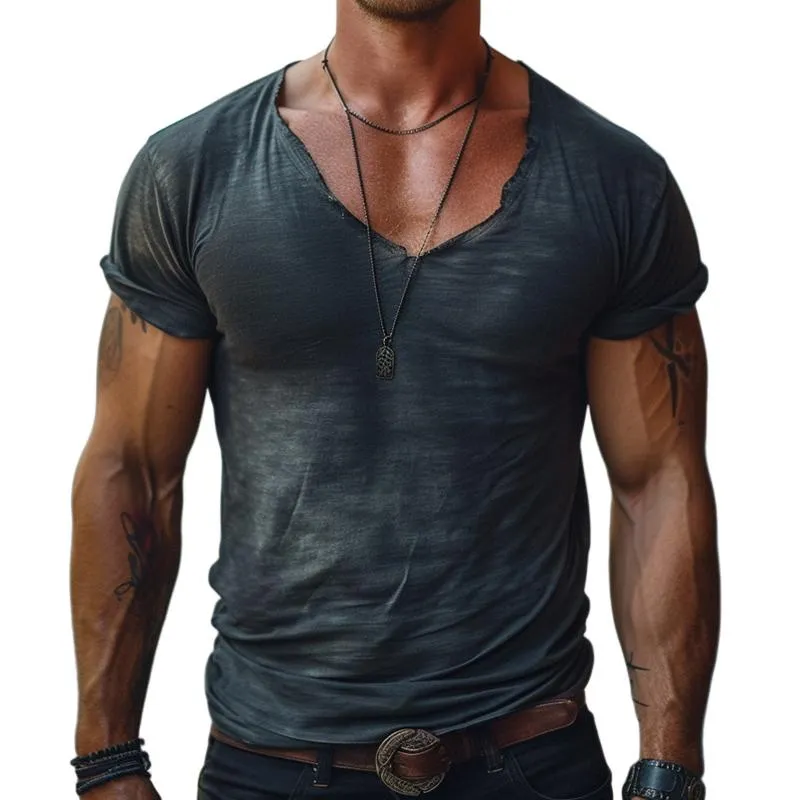 Men's Fashion Distressed V Neck Short Sleeve T-shirt 04227612Z sold by Manly