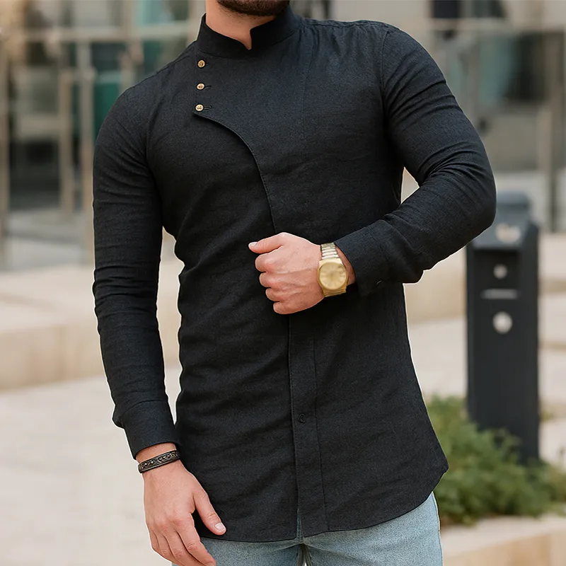 Men's Retro Casual Solid Color Cotton And Linen Stand Collar Long Sleeve Shirt MTA2847G7TO sold by Manly product image thumbnail 2