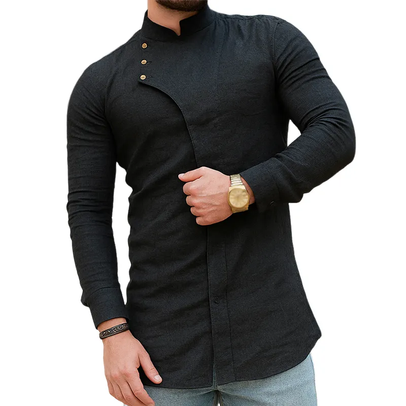 Men's Retro Casual Solid Color Cotton And Linen Stand Collar Long Sleeve Shirt MTA2847G7TO sold by Manly