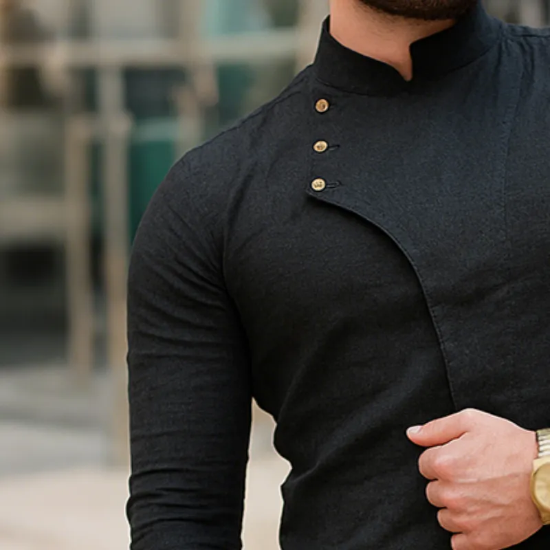 Men's Retro Casual Solid Color Cotton And Linen Stand Collar Long Sleeve Shirt MTA2847G7TO sold by Manly product image thumbnail 3