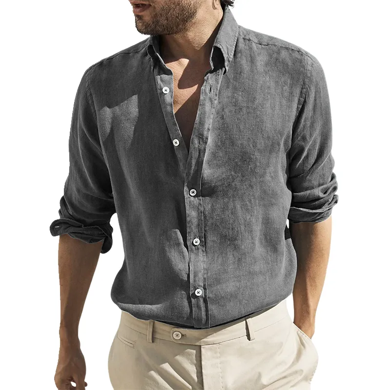 Men's Retro Casual Washed Cotton And Linen Lapel Long Sleeve Shirt MTA2824G0TO sold by Manly