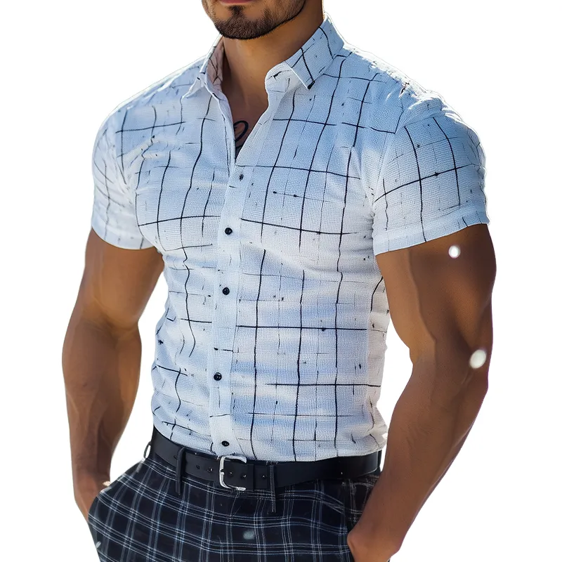 Men's Retro Casual Plaid Print Lapel Short Sleeve Shirt MTA2888G9TO sold by Manly