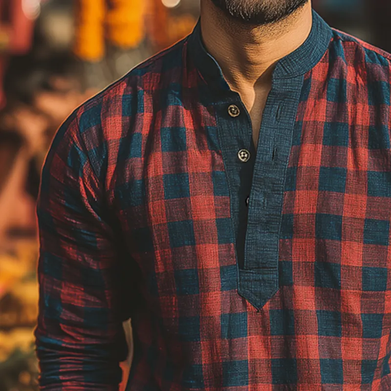 Men's Retro Casual Plaid Print Henley Collar Long Sleeve Shirt MTA2822G3TO sold by Manly product image thumbnail 3