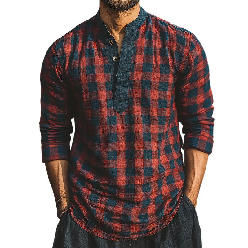 Men's Retro Casual Plaid Print Henley Collar Long Sleeve Shirt MTA2822G3TO sold by Manly