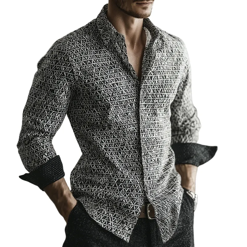 Men's Retro Casual Geometric Cycle Print Lapel Long Sleeve Shirt MTA2830G8TO sold by Manly