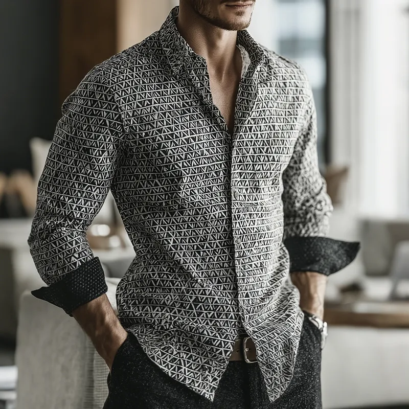 Men's Retro Casual Geometric Cycle Print Lapel Long Sleeve Shirt MTA2830G8TO sold by Manly product image thumbnail 2