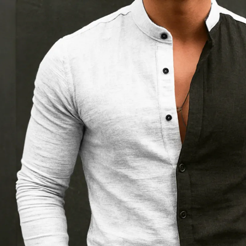 Men's Retro Casual Cotton And Linen Colorblock Stand Collar Long Sleeve Shirt MTA2835G7TO sold by Manly product image thumbnail 3