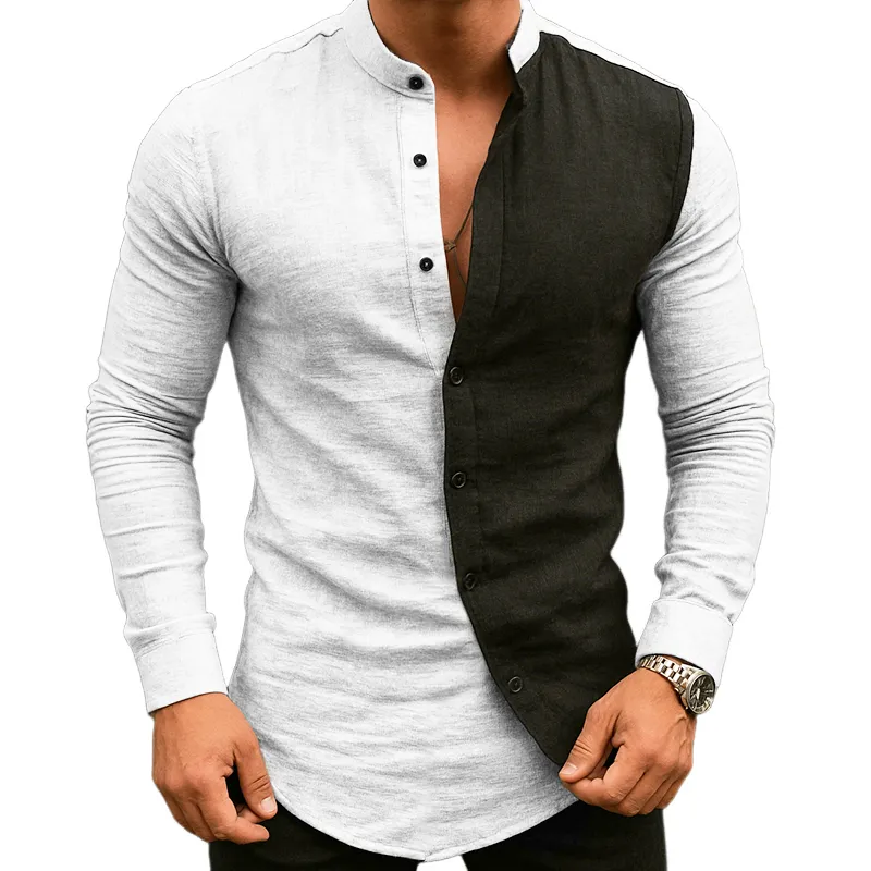 Men's Retro Casual Cotton And Linen Colorblock Stand Collar Long Sleeve Shirt MTA2835G7TO sold by Manly
