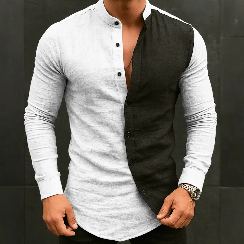Men's Retro Casual Cotton And Linen Colorblock Stand Collar Long Sleeve Shirt MTA2835G7TO sold by Manly product image thumbnail 2