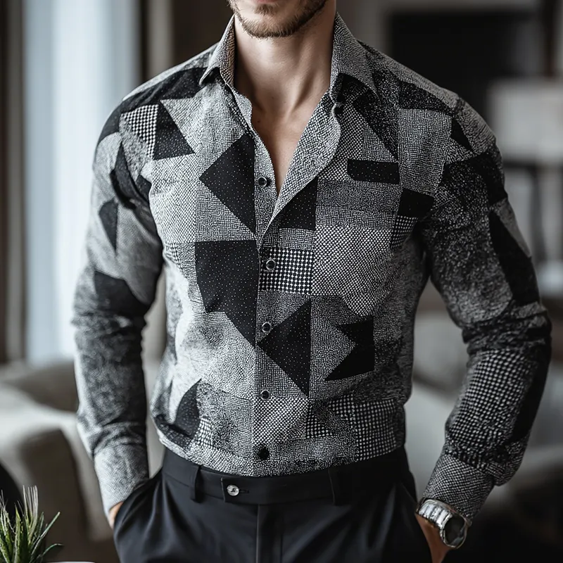 Men's Retro Casual Geometric Cycle Print Lapel Long Sleeve Shirt MTA2847G2TO sold by Manly product image thumbnail 2