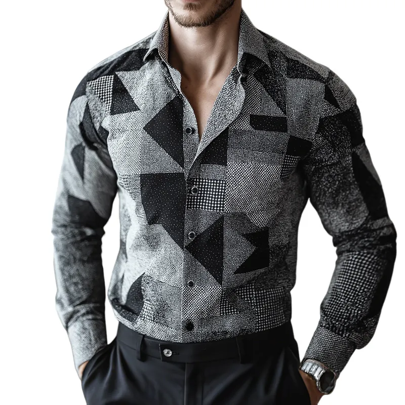 Men's Retro Casual Geometric Cycle Print Lapel Long Sleeve Shirt MTA2847G2TO sold by Manly