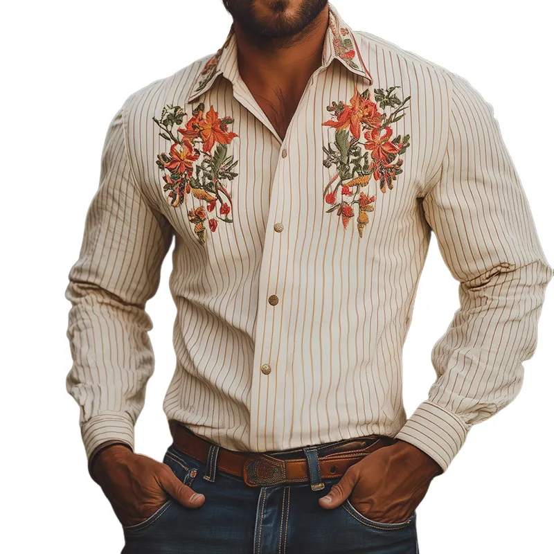 Men's Vintage Casual Floral Embroidery Striped Lapel Long Sleeve Shirt MTA2575G6TO sold by Manly