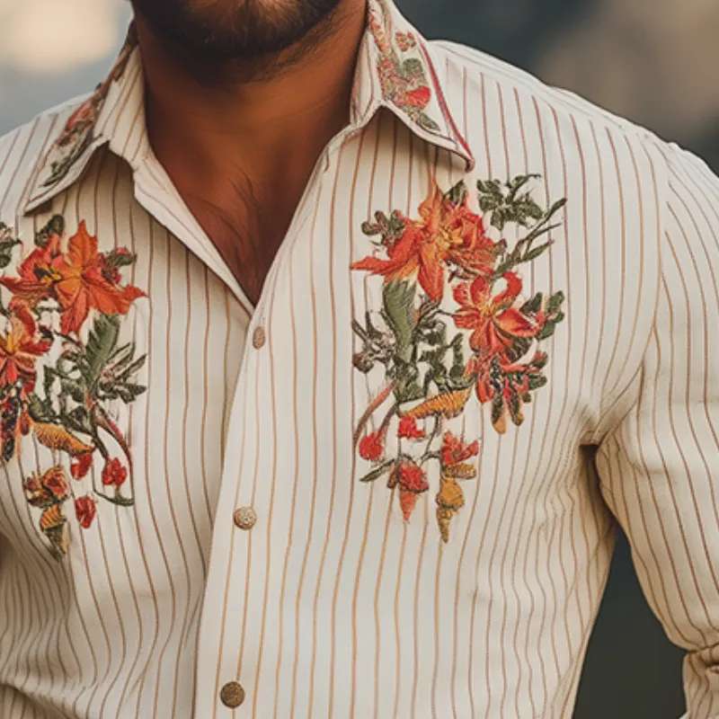 Men's Vintage Casual Floral Embroidery Striped Lapel Long Sleeve Shirt MTA2575G6TO sold by Manly product image thumbnail 3