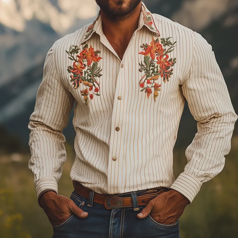 Men's Vintage Casual Floral Embroidery Striped Lapel Long Sleeve Shirt MTA2575G6TO sold by Manly product image thumbnail 2