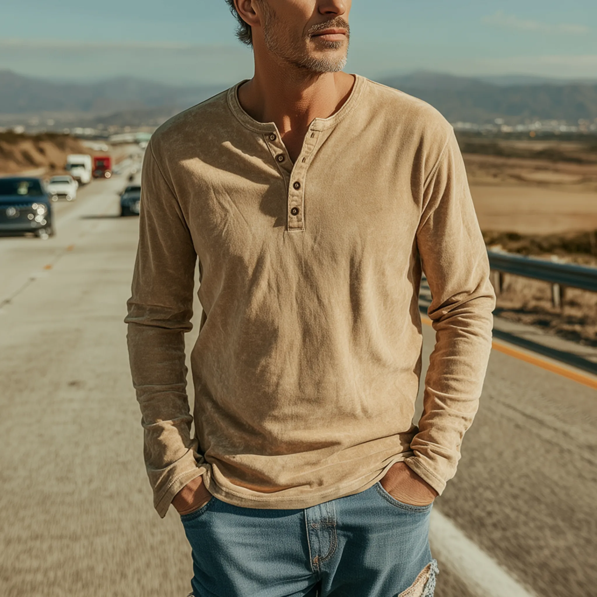 Men's Casual Western Style Henley Neck Thin Suede Long Sleeve T-Shirt MTA2448G8K sold by Manly product image thumbnail 2