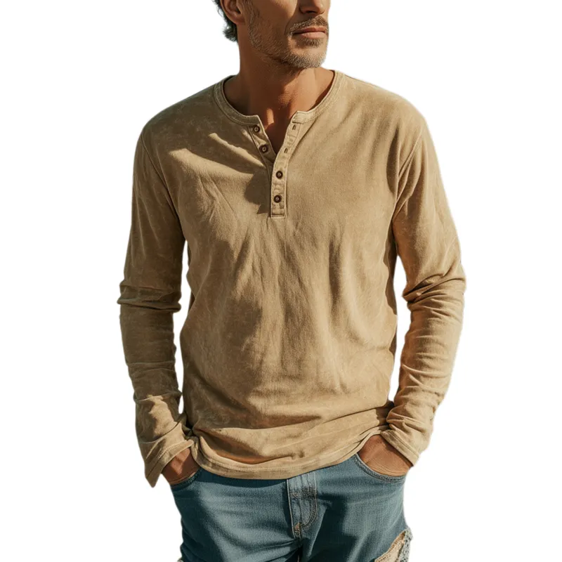 Men's Casual Western Style Henley Neck Thin Suede Long Sleeve T-Shirt MTA2448G8K sold by Manly