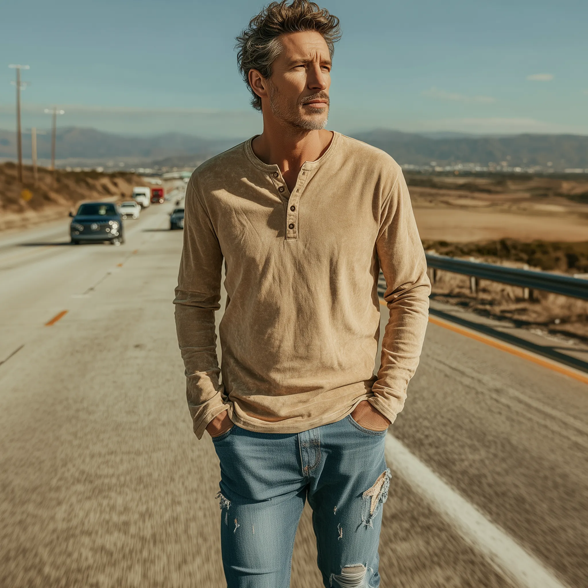 Men's Casual Western Style Henley Neck Thin Suede Long Sleeve T-Shirt MTA2448G8K sold by Manly product image thumbnail 3