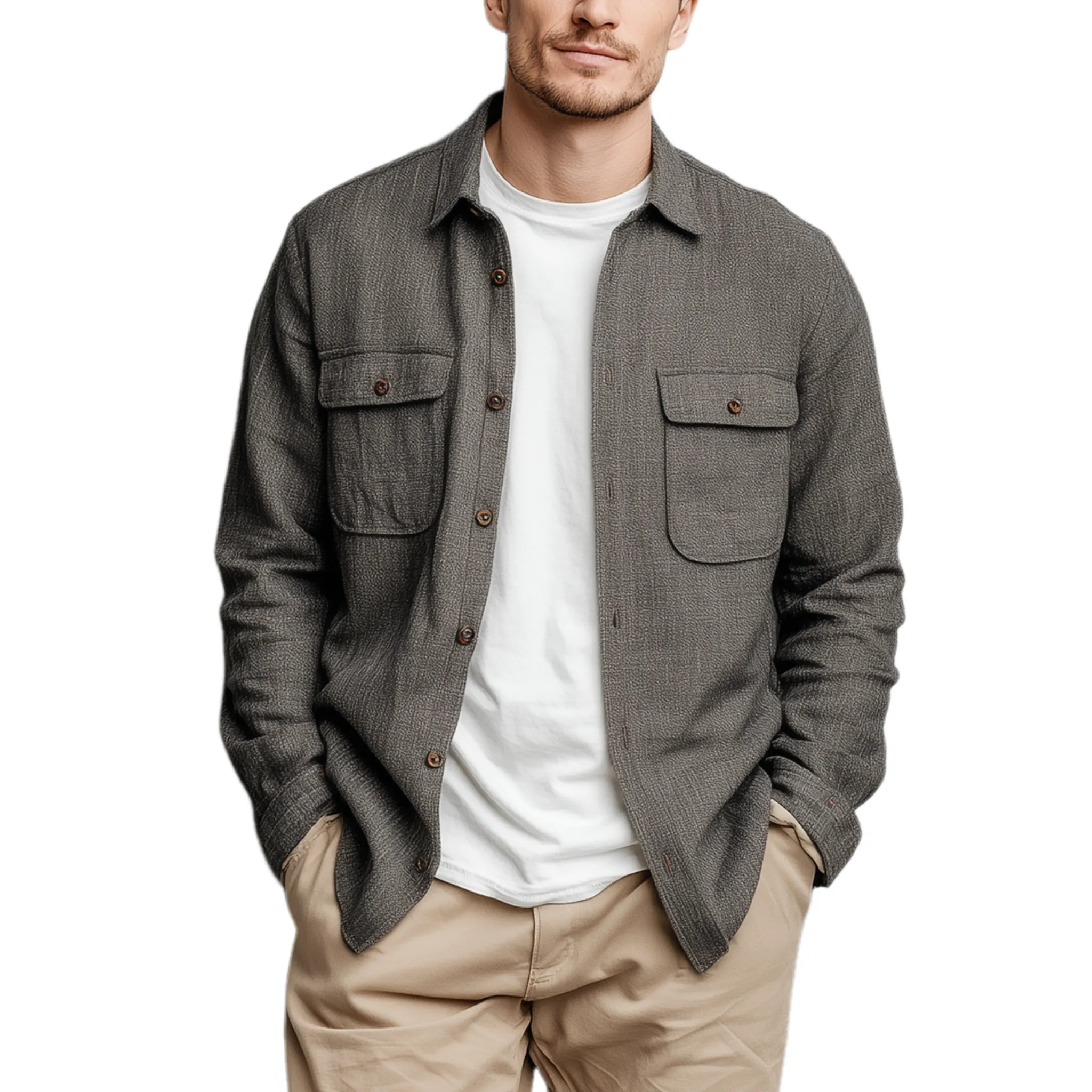 Men's Classic Casual Cotton And Linen Blended Color Textured Pocket Long Sleeve Shirt MTA2894G7K sold by Manly